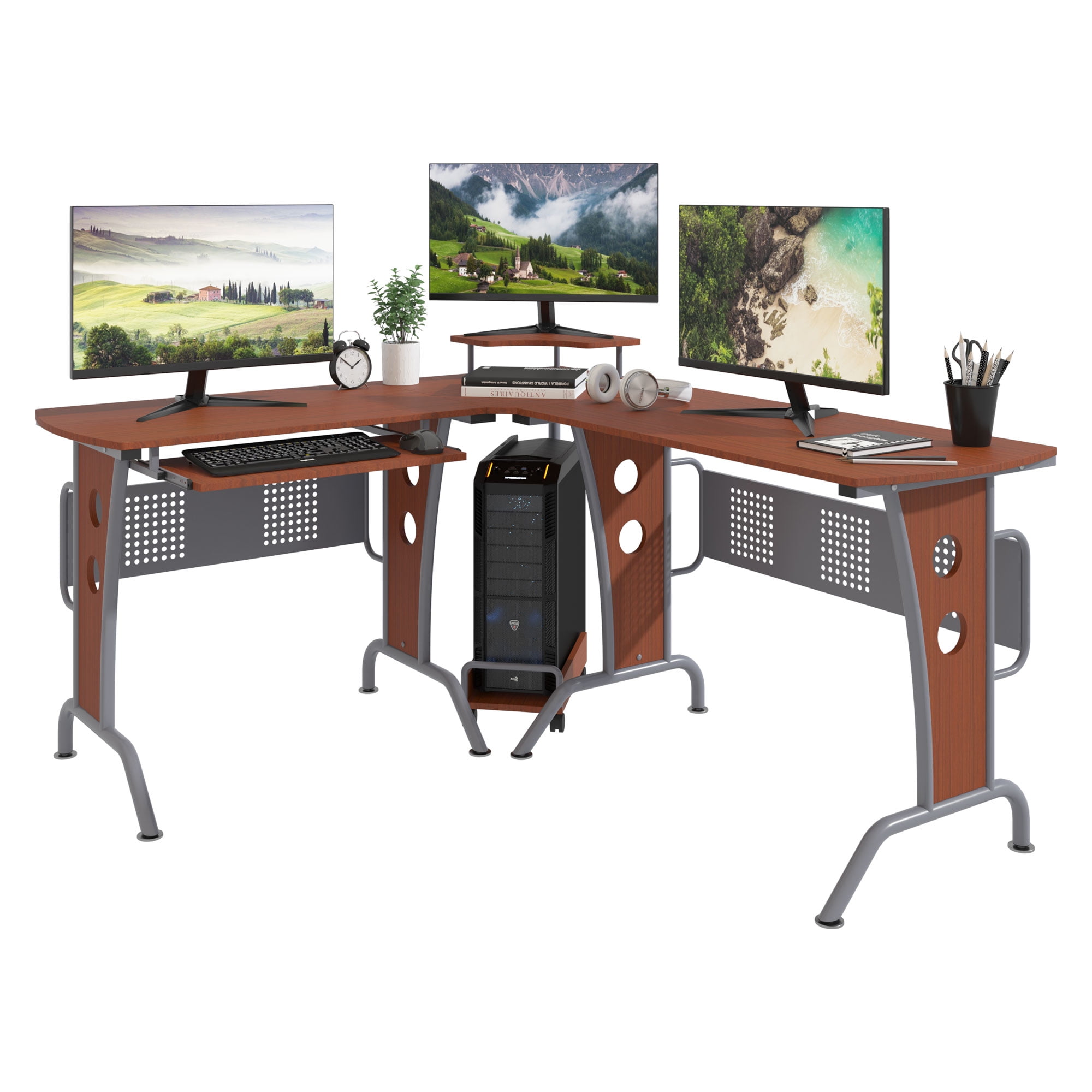 LShaped Corner Computer Office Desk Workstation with Elevated