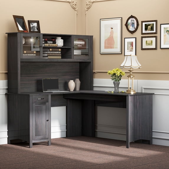 HOMCOM L-Shaped Desk with Hutch, Computer Desk with Drawers, Home Office Corner Desk Study Workstation Table with Storage Cabinets Shelves, Coffee