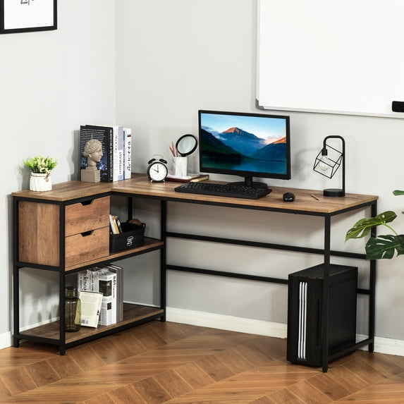 HOMCOM L-Shaped Home Office Computer Desk with Open Storage Shelves, Black/Brown