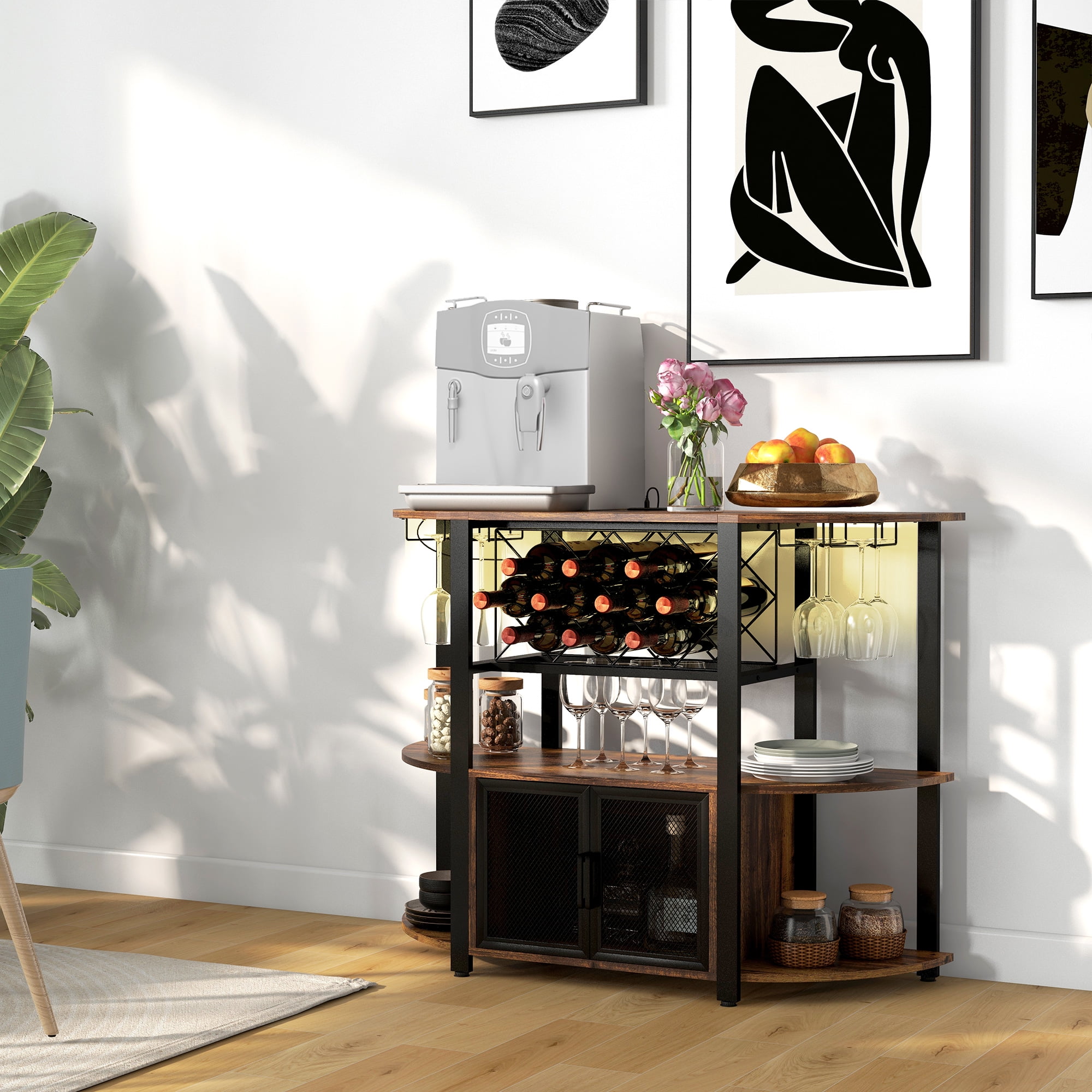 Rustic Brown Wine Bar Cabinet with LED Lights and Charging Station