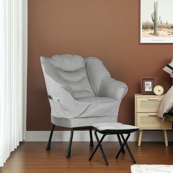 HOMCOM Lazy Chair with Ottoman Set, Fabric Upholstered Lounge Accent Chair with Armrests, Side Pockets, Light Gray