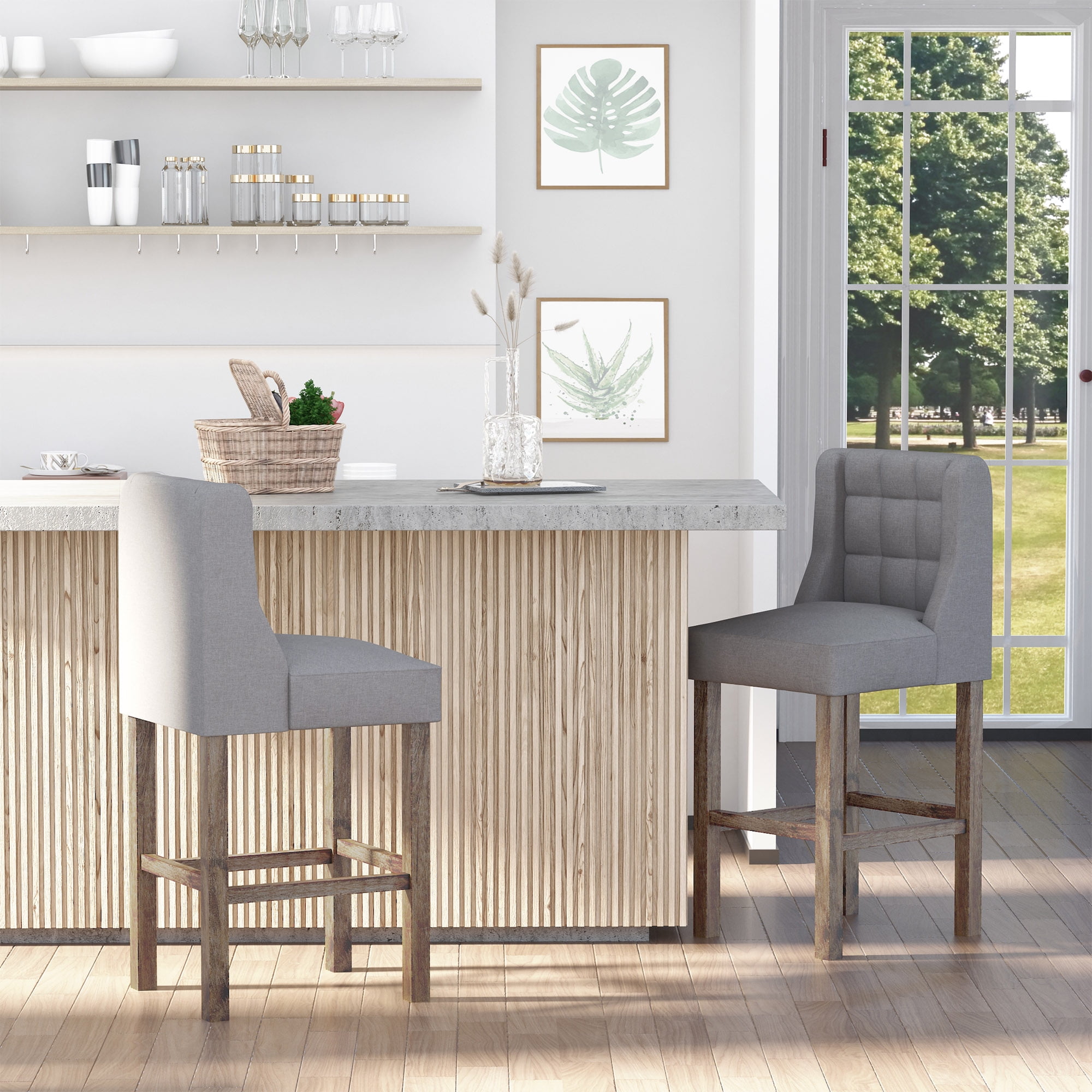 Linen Counter Bar Stools Tufted Upholstered Counter Chairs Set of 2