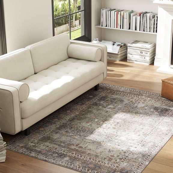 HOMCOM Machine Washable Area Rug 4x6, Non-Slip Chenille Traditional Floor Cover Foldable Carpet for Living Room, Bedroom, Dining Room Dark Mixed-Brown