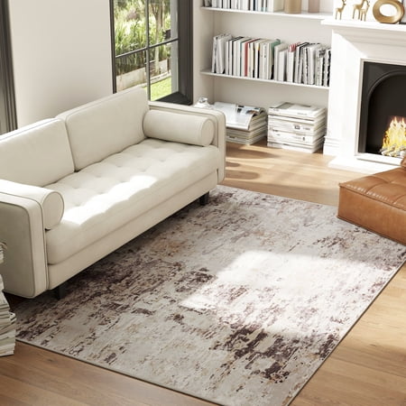 HOMCOM Machine Washable Area Rug 4x6, Non-Slip Modern Abstract Floor Cover Foldable Carpet for Living Room, Bedroom, Dining Room, Mixed-Brown