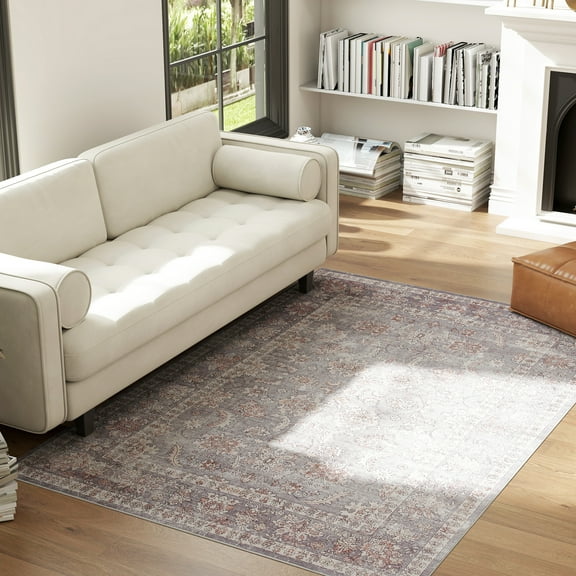 HOMCOM Machine Washable Area Rug 4x6, Non-Slip Traditional Flower Print Floor Carpet for Living Room, Bedroom, Dining Room, Grey and Brown