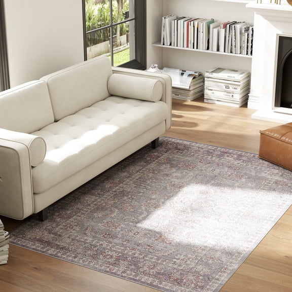 HOMCOM Machine Washable Area Rug 4x6, Non-Slip Traditional Flower Print Floor Carpet for Living Room, Bedroom, Dining Room, Grey and Brown