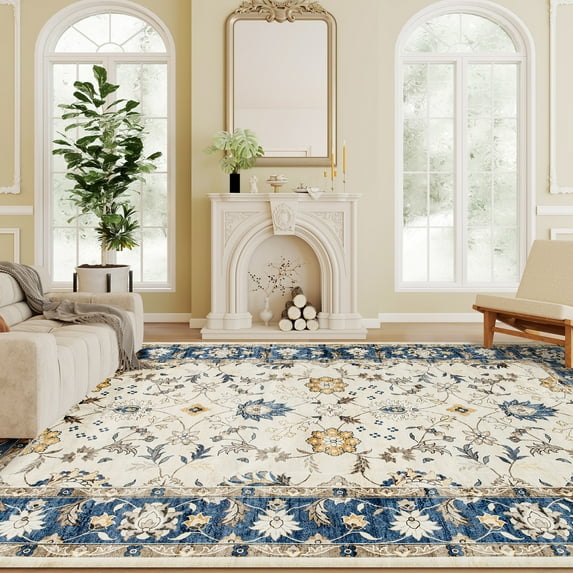 HOMCOM Machine Washable Area Rug 5x7, Non-Slip Boho Floral Print Floor Carpet for Living Room, Bedroom, Dining Room, Blue