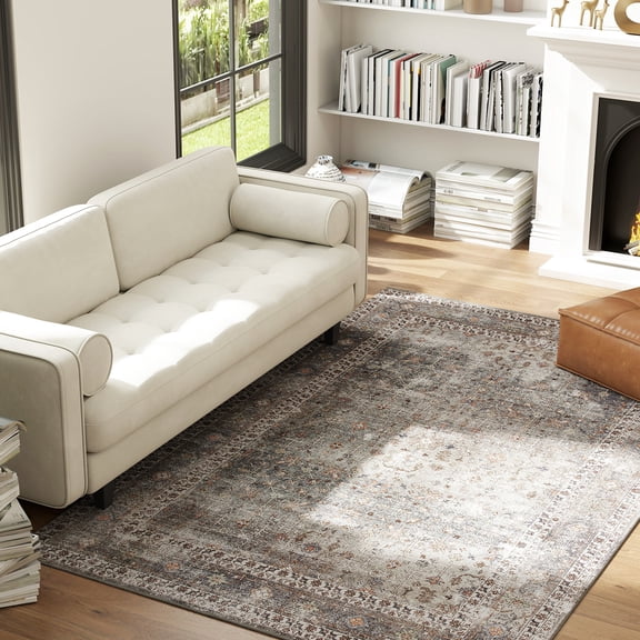 HOMCOM Machine Washable Area Rug 5x7, Non-Slip Chenille Traditional Floor Cover Foldable Carpet for Living Room, Bedroom, Dining Room Dark Mixed-Brown