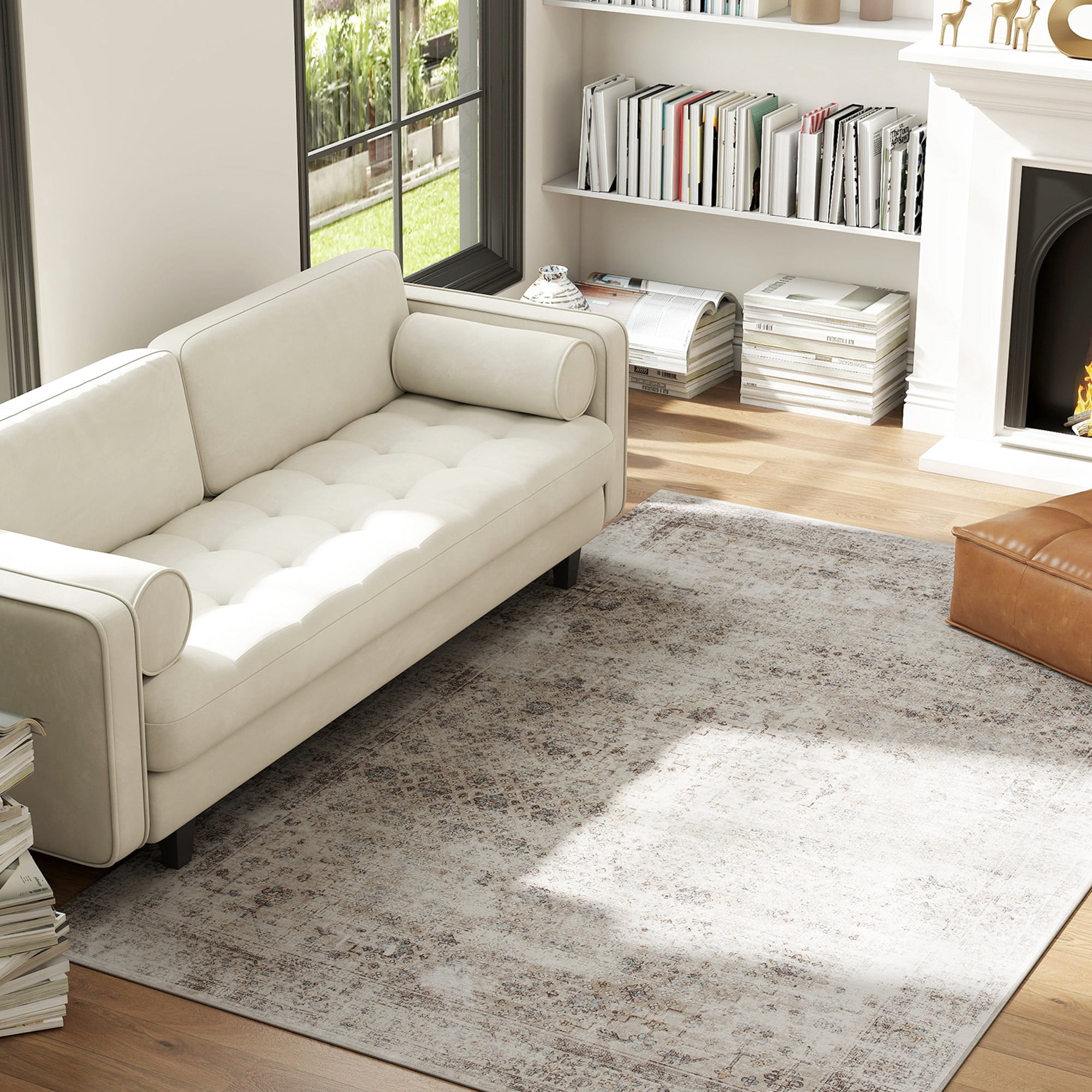 HOMCOM Machine Washable Area Rug 5x7, Non-Slip Traditional Floor Carpet for Living Room, Bedroom, Dining Room, Light Mixed-Brown