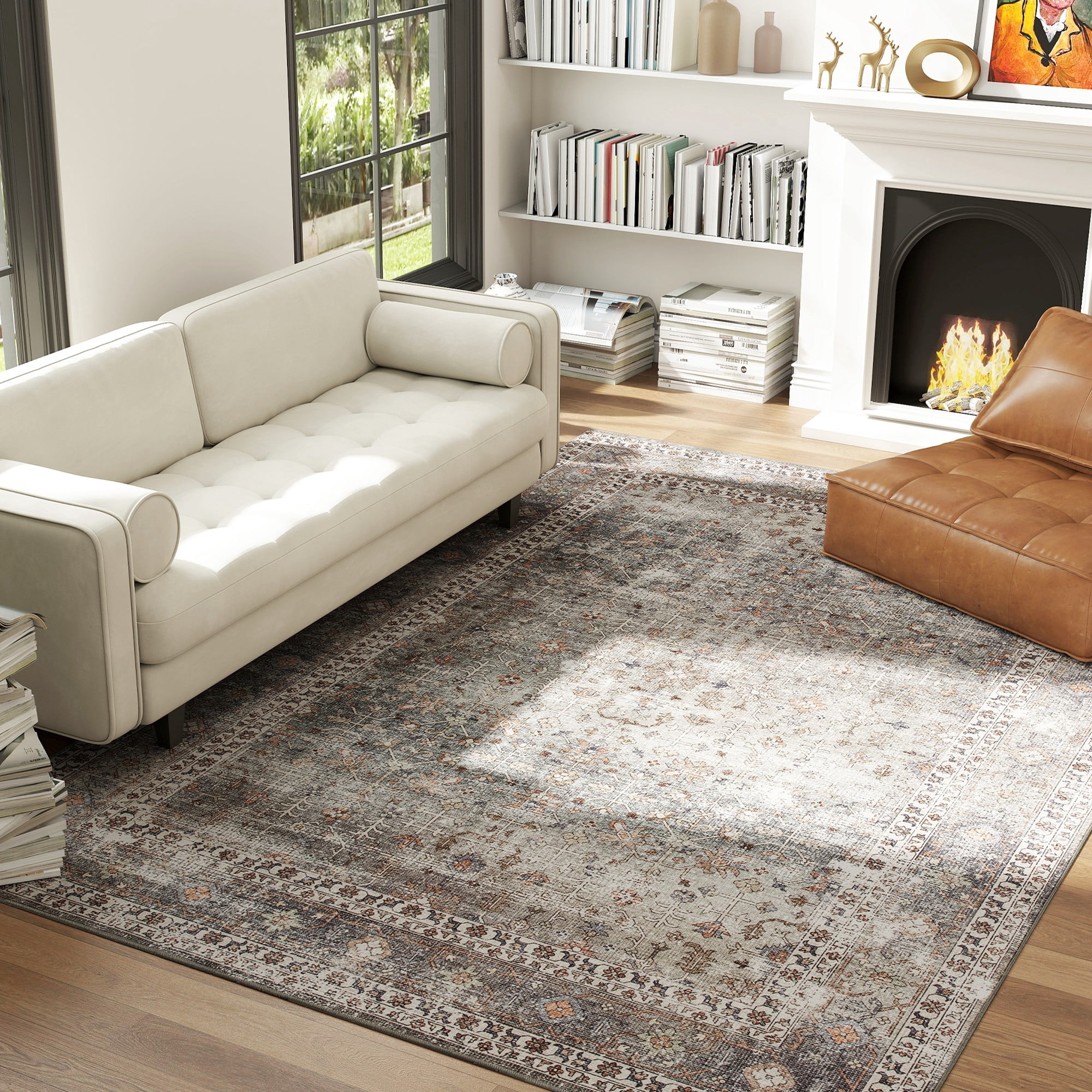 HOMCOM Machine Washable Area Rug 8x10, Non-Slip Chenille Traditional Floor Cover Foldable Carpet for Living Room, Bedroom, Dark Mixed-Brown