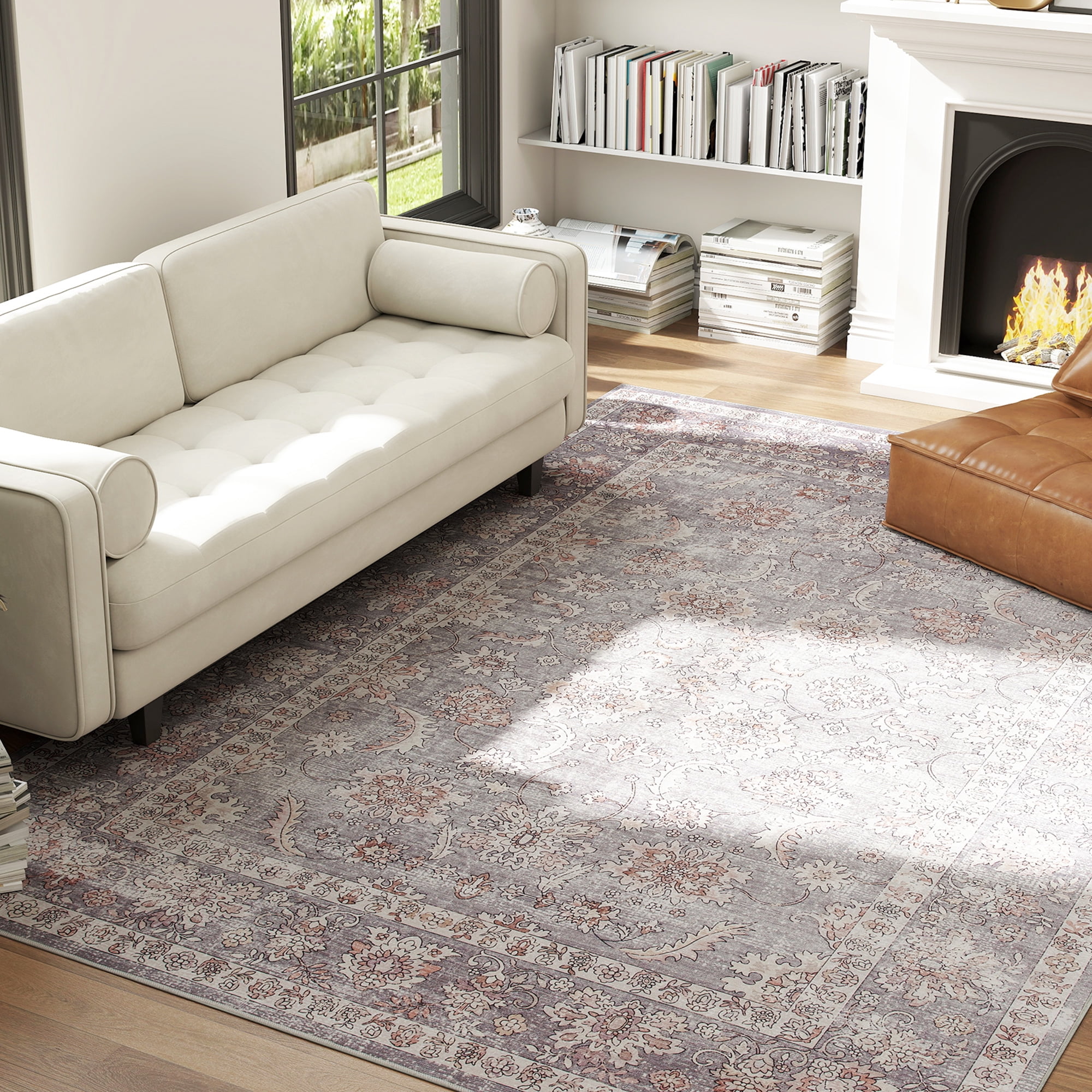 HOMCOM Machine Washable Area Rug 8x10, Non-Slip Traditional Flower Print Floor Carpet for Living Room, Bedroom, Dining Room, Grey and Brown