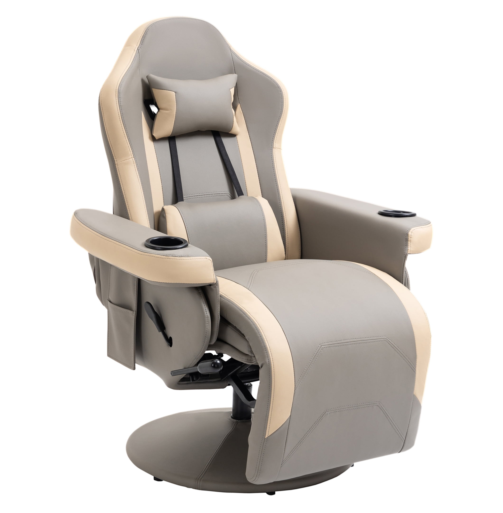 HOMCOM Manual Recliner Armchair PU Leather Lounge Chair w/ Adjustable Leg Rest, 135° Reclining Function, 360° Swivel, Cup Holder and, Storage Pocket