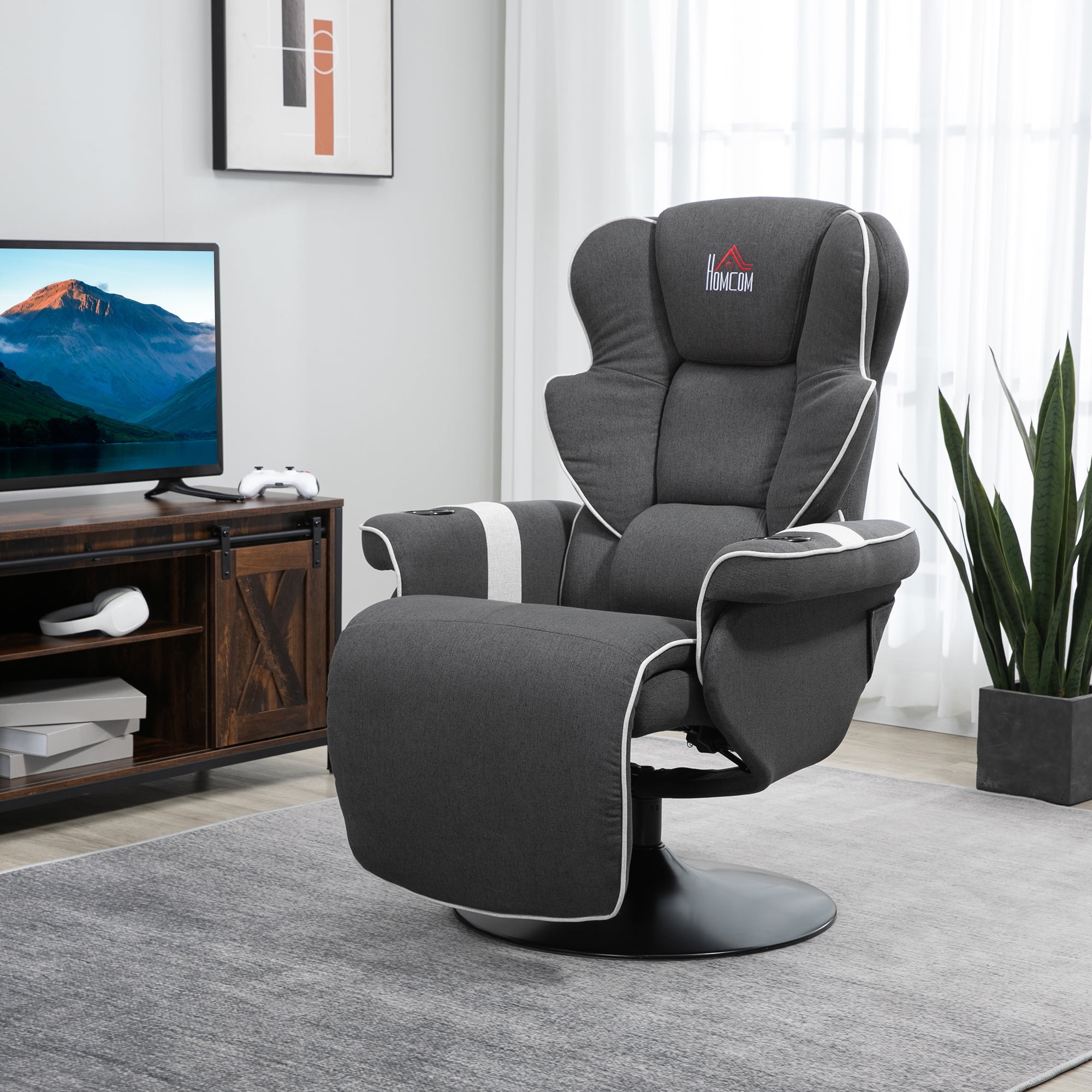 Luxurious 43.75" Black Faux Leather Swivel Recliner with Cup Holders