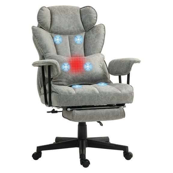 HOMCOM Massage Executive Office Chair with 6 Vibration Points, 400LBS Heated Big and Tall Office Chair with Foot Rest and Lumbar Support, Microfiber Reclining Computer Desk Chair, Gray