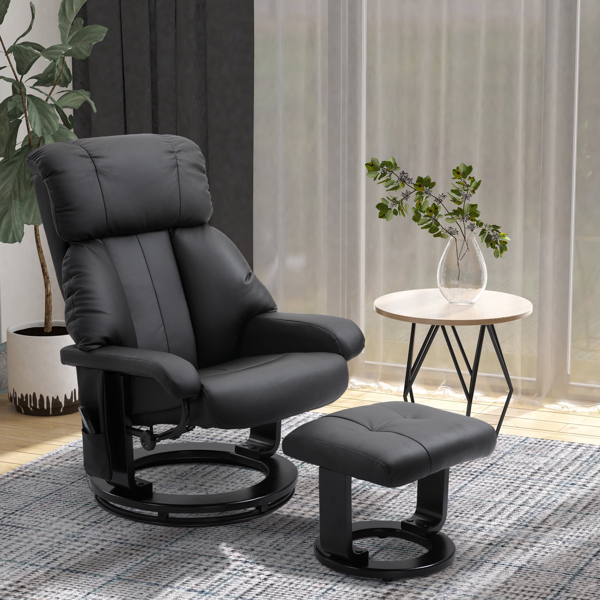 HOMCOM Massage Chair with Ottoman for Living Room or Bedroom Swivel Recliner Extended Footrest PU Leather Black Walmart