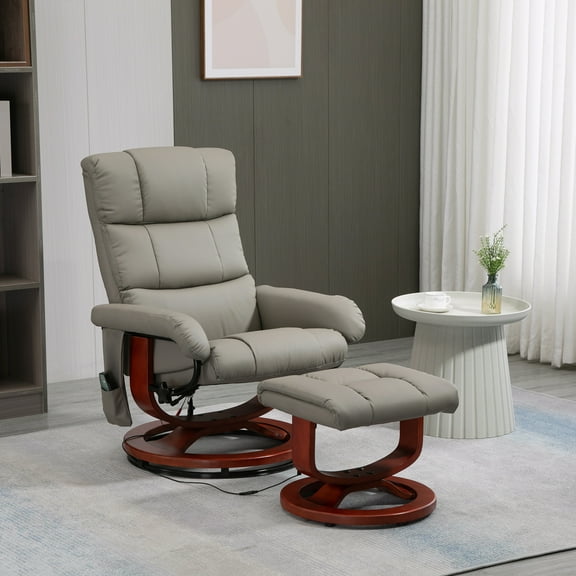 HOMCOM Massage Recliner Chair with Ottoman, Swivel Recliner and Footrest, Faux Leather Reclining Chair with Remote Control, 10 Vibration Point and Side Pocket, Gray