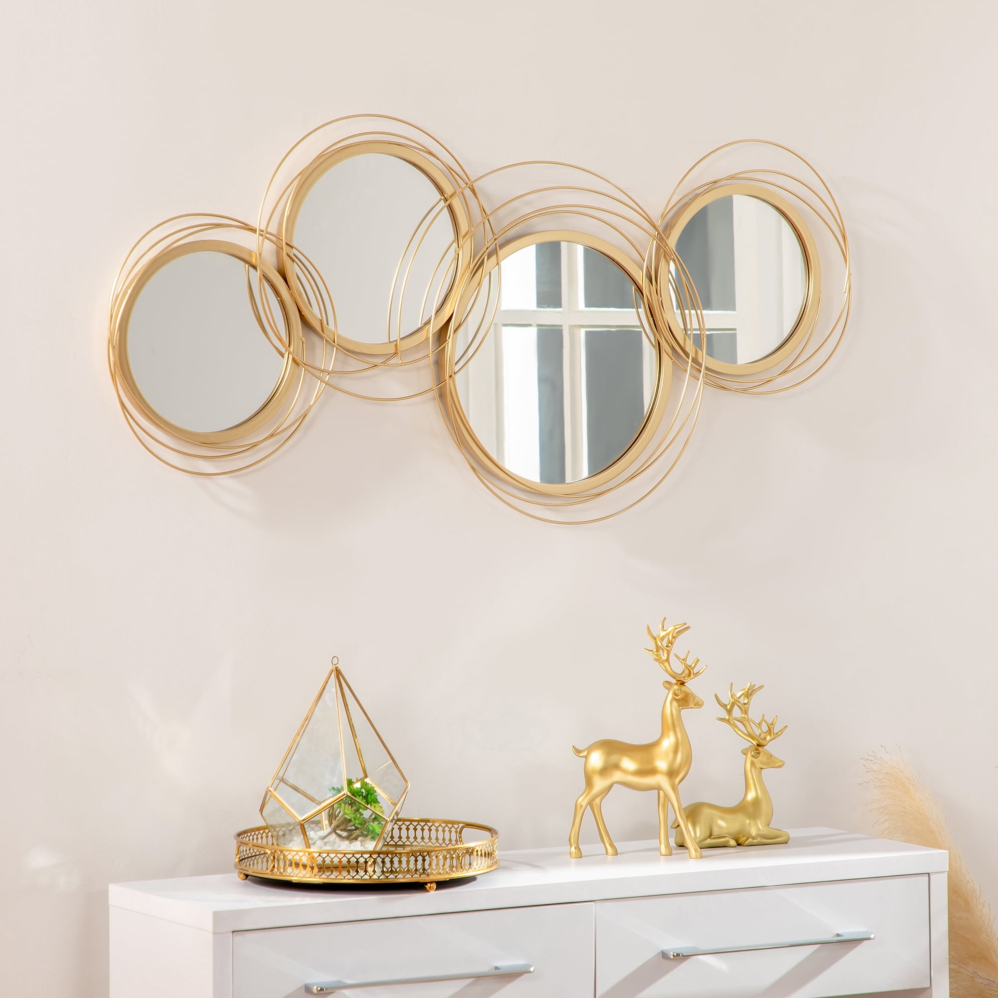 Large Round Metal Wall Art with Mirror, Modern Home Decor for