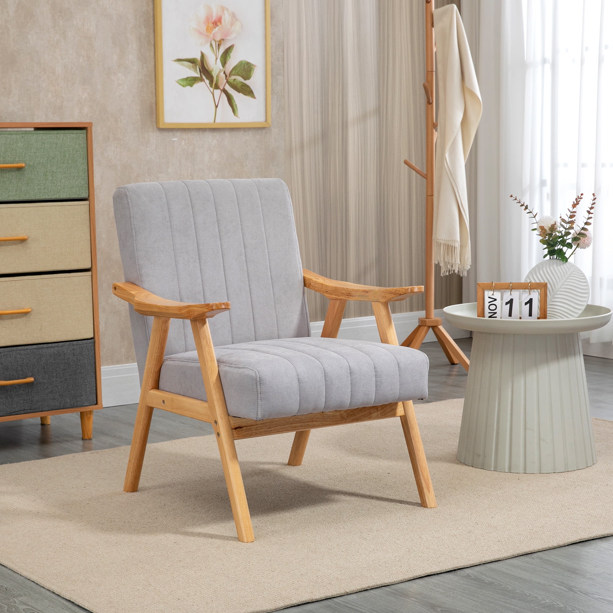 HOMCOM Modern Accent Chair with Wood Legs, Light Gray