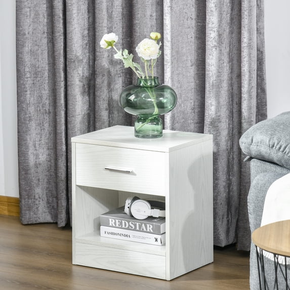 HOMCOM Modern Accent End Table with Drawer and Storage Shelf, Sofa Side Table for Living Room, White Wood Grain