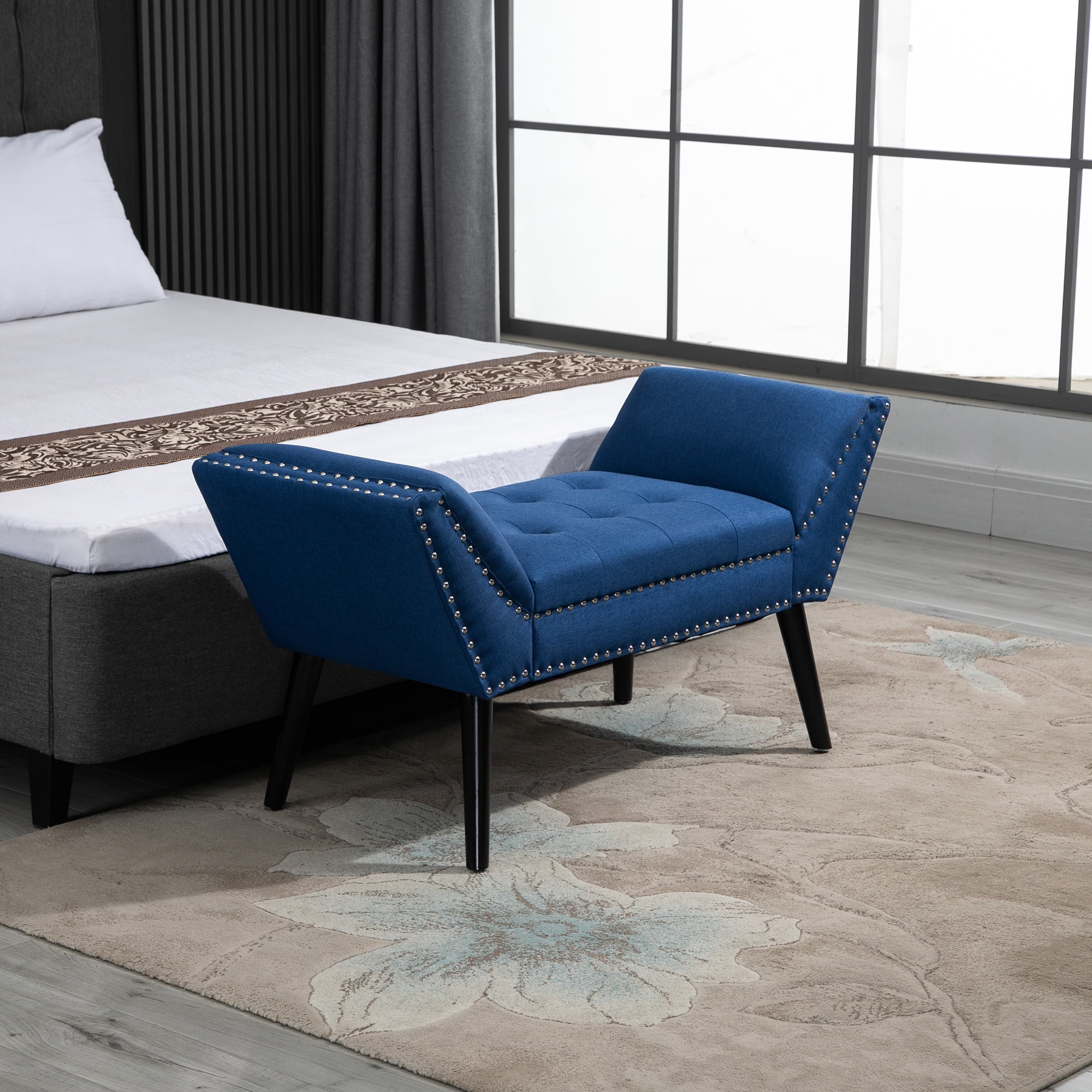 Elegant Nickel-Finish Tufted Linen Footstool with Arms in Blue