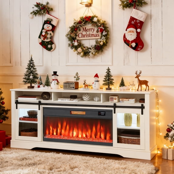 HOMCOM Fireplace TV Stand for TVs Up to 80 Inch, Entertainment Center with 36" Electric Fireplace, TV Console with Open Storage, Side Cabinets, White