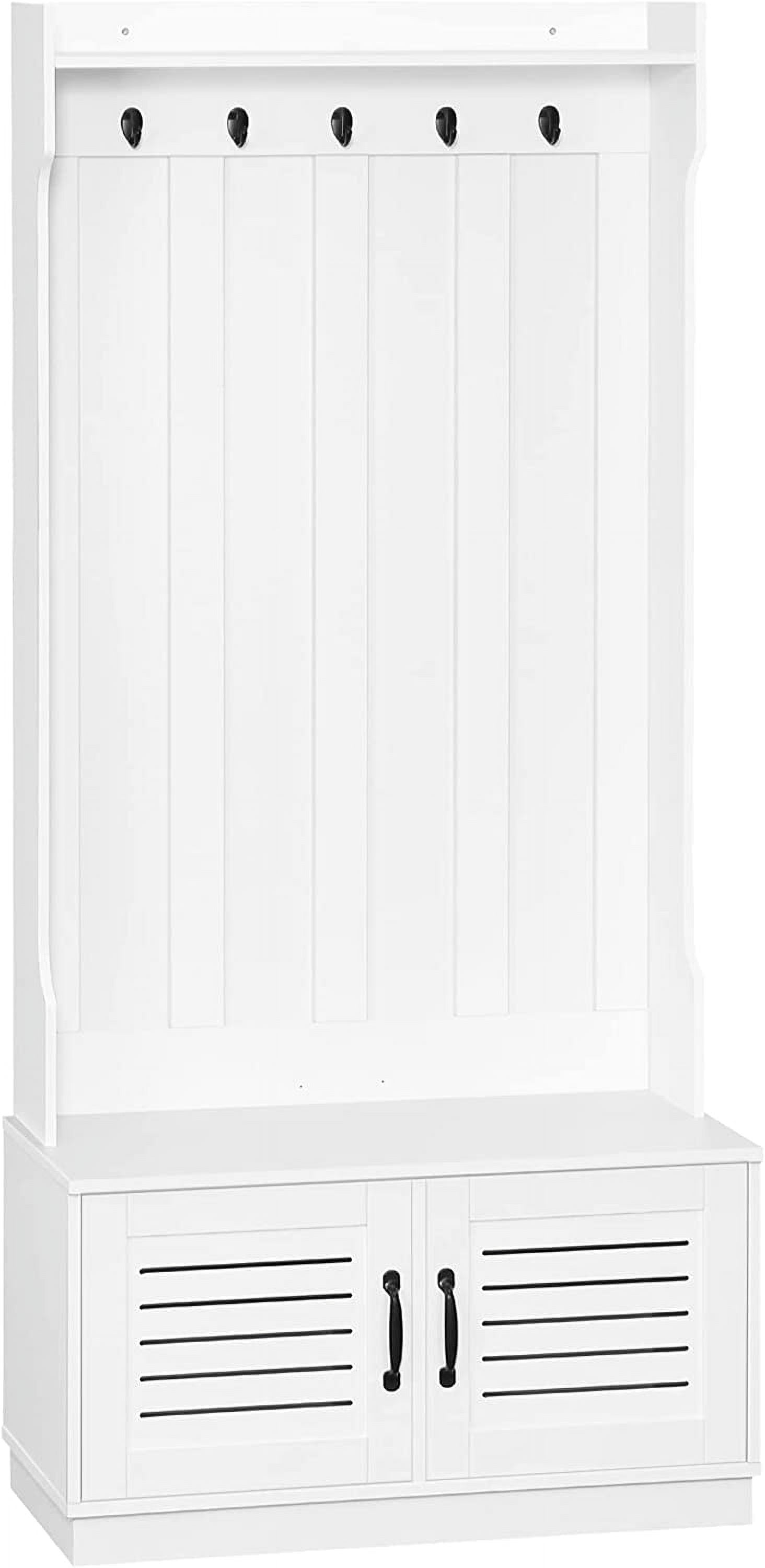 Homiyad Modern Hall Tree, Entryway Coat Rack with Shoe Bench, 5 Hooks, Storage Shelf and Slatted Door Cabinet for Hallway, White