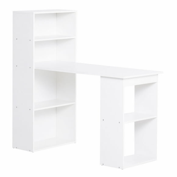 HOMCOM Modern Home Office Desk with 6-Tier Storage Shelves, 47" Writing Table with Bookshelf, White