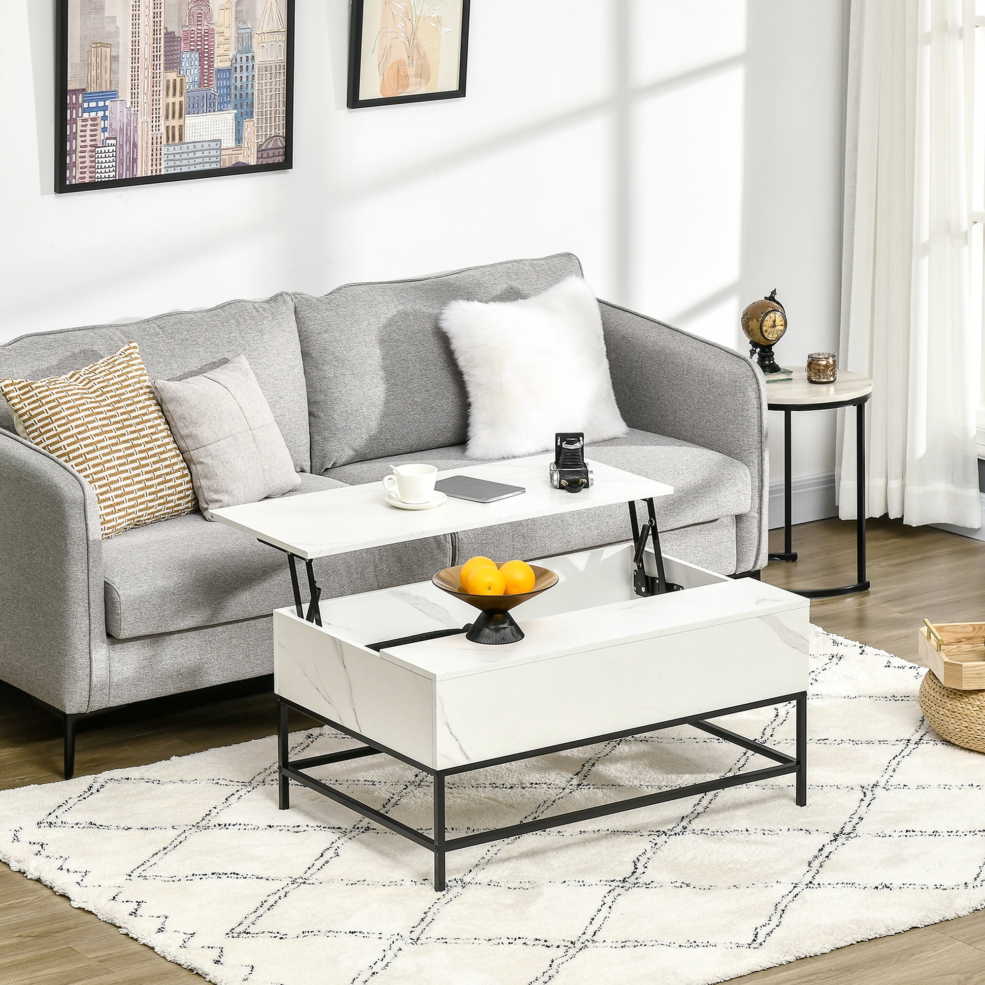 White Marble Lift-Top Coffee Table with Hidden Storage and Black Metal Legs