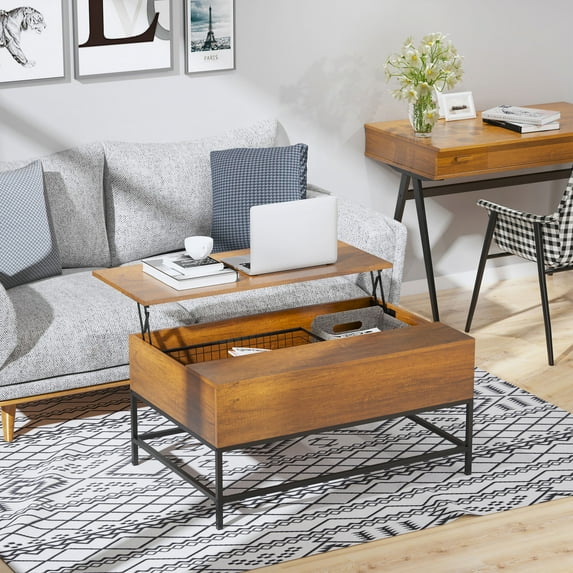 HOMCOM Modern Lift Top Coffee Table with Hidden Storage Compartment and Steel Legs for Living Room, Reception Room, Brown