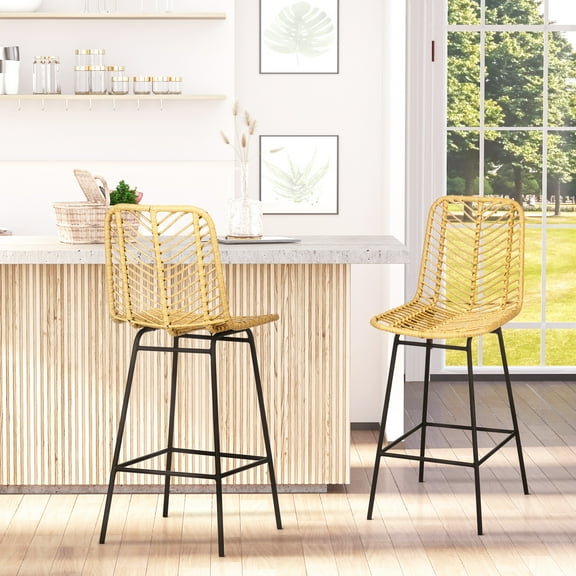 HOMCOM Modern Rattan Bar Stools Set of 4 for Kitchen Seating