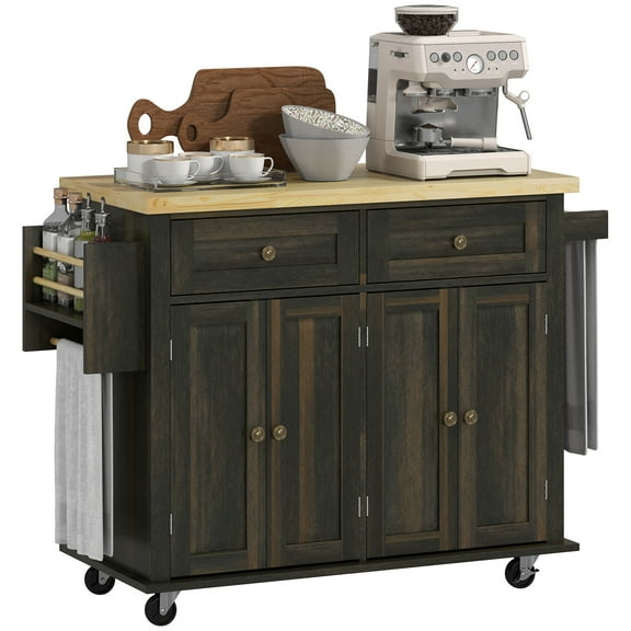 HOMCOM Modern Rolling Kitchen Island Cart with Spice Rack, Brown Oak