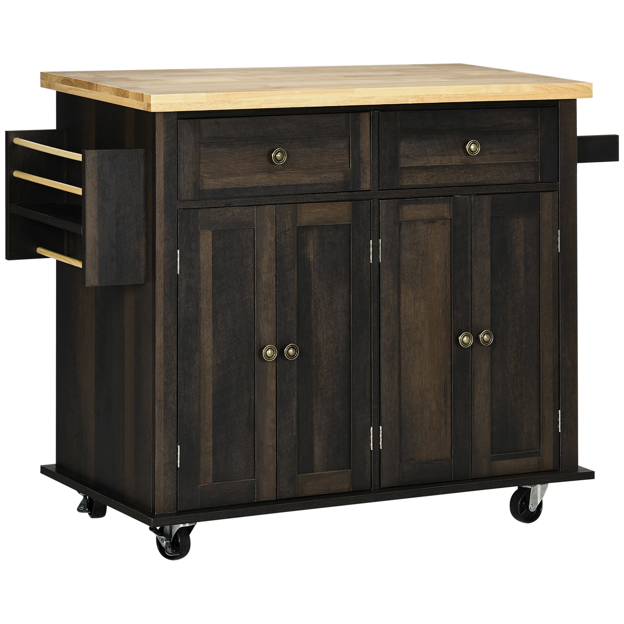Large Storage Wooden Mobile Kitchen Island Cart with Drawers and Spice Rack, Brown Oak