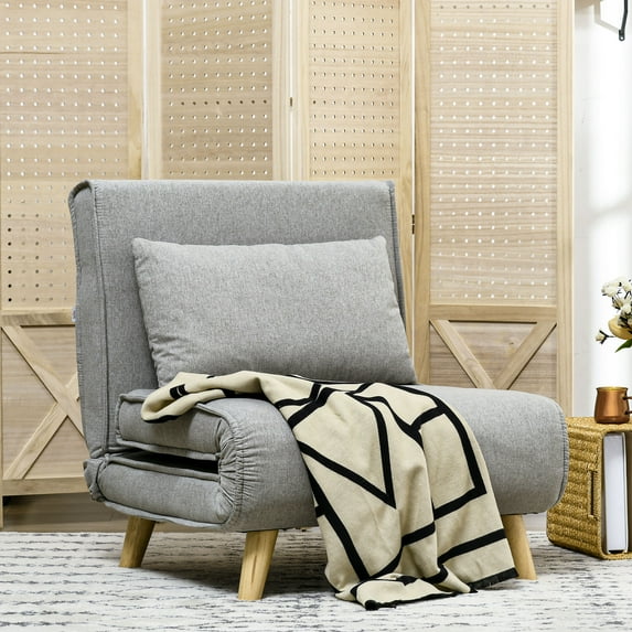 HOMCOM Modern Rubber Wood Metal Polyester Linen Solid Print Adjustable Backrest Chair, Light Gray