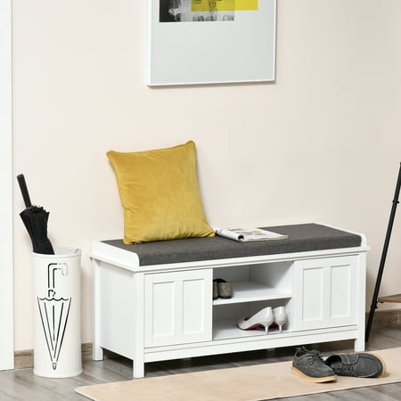 HOMCOM Modern Shoe Bench, 6-Compartment Adjustable Shelf & Padded Seat, White and Gray, 10 Pairs