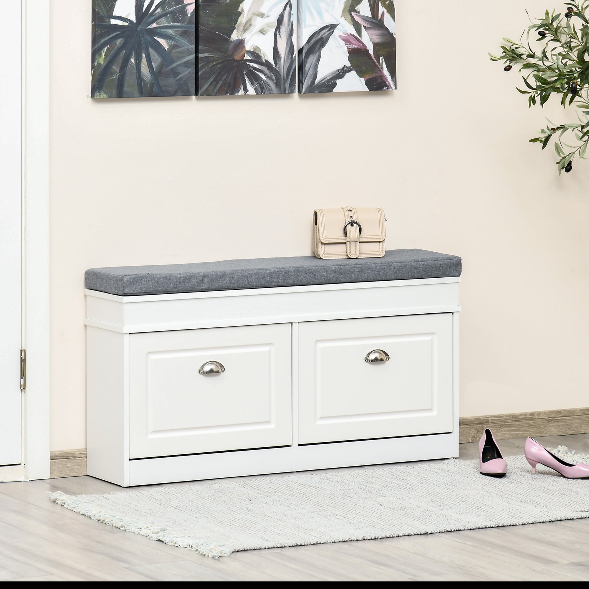HOMCOM Modern Shoe Rack Bench for Entryway, Storage Organizer with Cushion, 2 Drawers, Adjustable Shelf, Holds 8 Pairs, White
