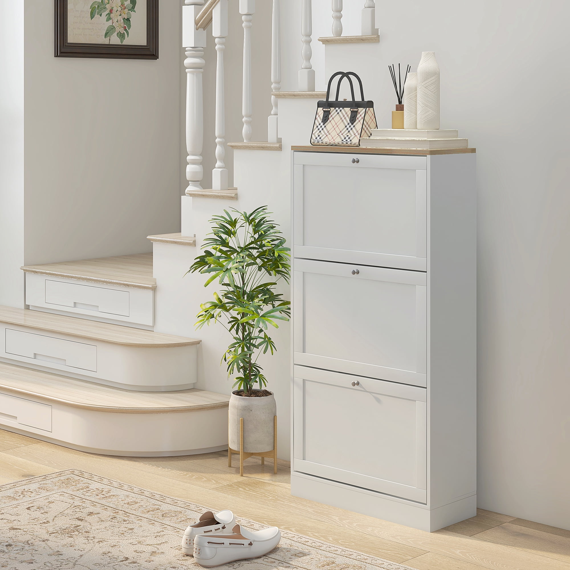 White and Light Oak Wood Slim Shoe Storage Cabinet with Adjustable Shelves