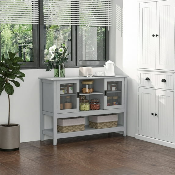 HOMCOM Modern Sideboard Buffet Cabinet, Console Table with Framed Glass Doors, Multiple Storage Options, and Anti-Topple for Kitchen, Living Room, Grey
