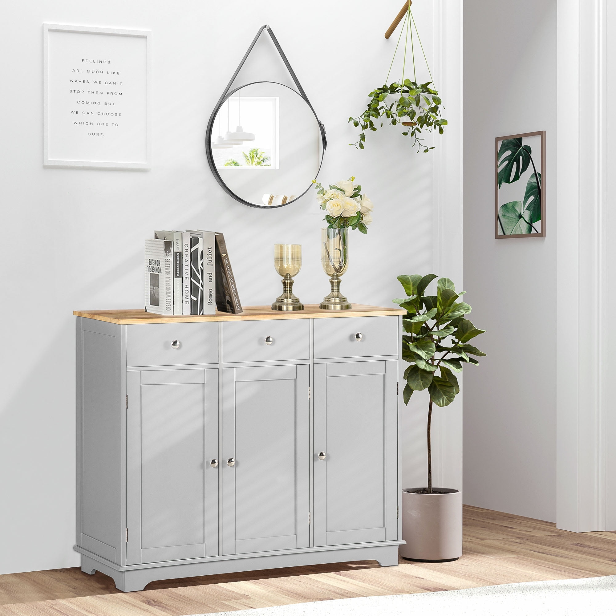 Gray Rubberwood Top Modern Sideboard Buffet with Adjustable Shelves