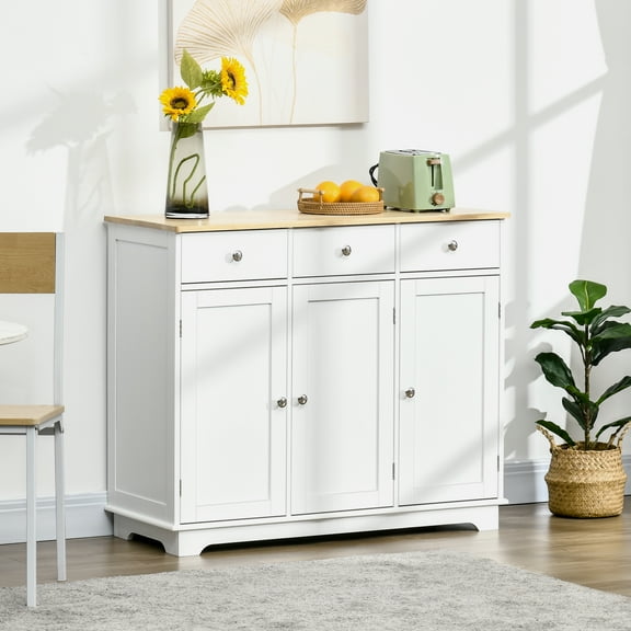 HOMCOM Kitchen Storage Cabinet, Sideboard Floor Cupboard with Solid Wood Top, Adjustable Shelf, and 2 Drawers for Living Room, White