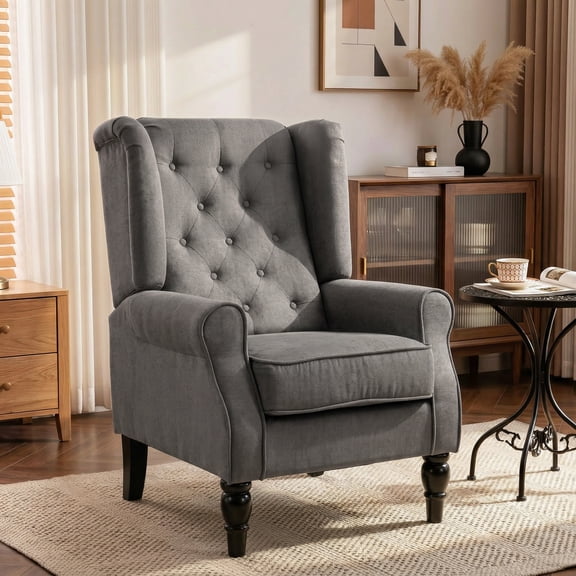 HOMCOM Button-Tufted Accent Chair with High Wingback, Rounded Cushioned Armrests and Thick Padded Seat, Dark Gray