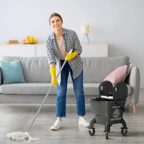 HOMCOM Mop Bucket with Wringer on Wheels for Floor Cleaning, 27.5 Quart Down Press Wringer with Handle and Mop, Black