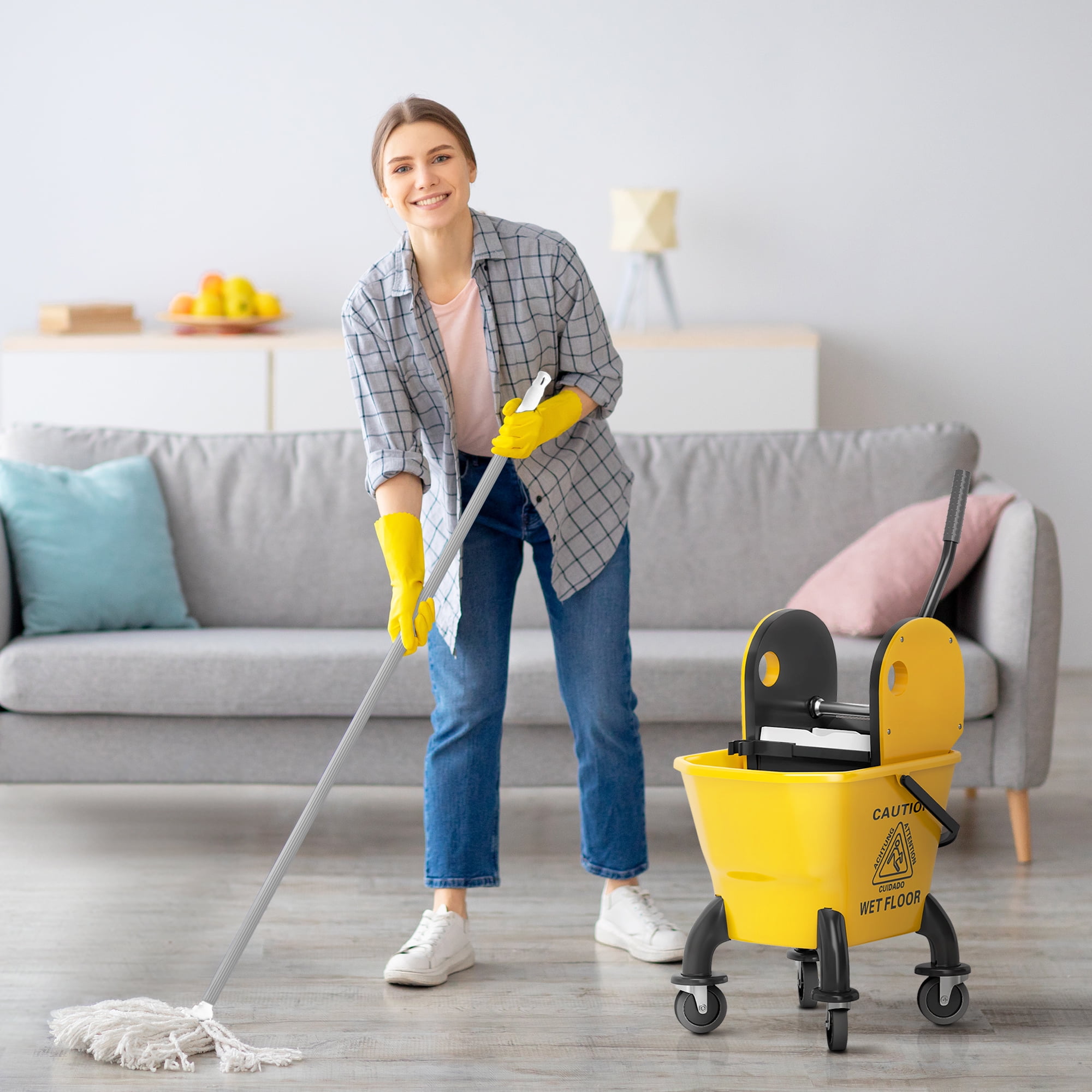 HOMCOM Mop Bucket with Wringer on Wheels for Floor Cleaning, 27.5 Quart Down Press Wringer with Handle and Mop, Yellow
