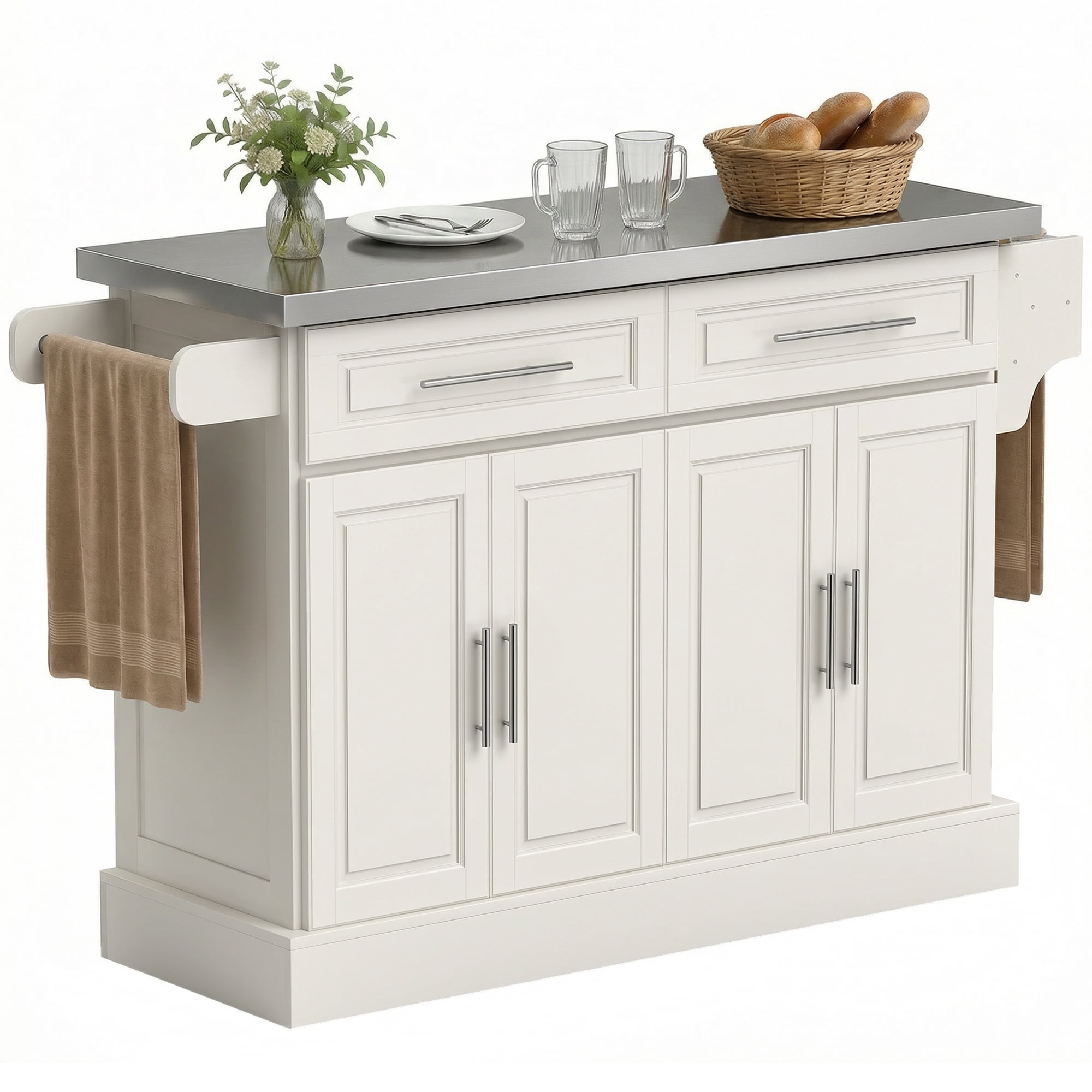 HOMCOM Rolling Kitchen Island with Cabinets and Drawers, Cream White