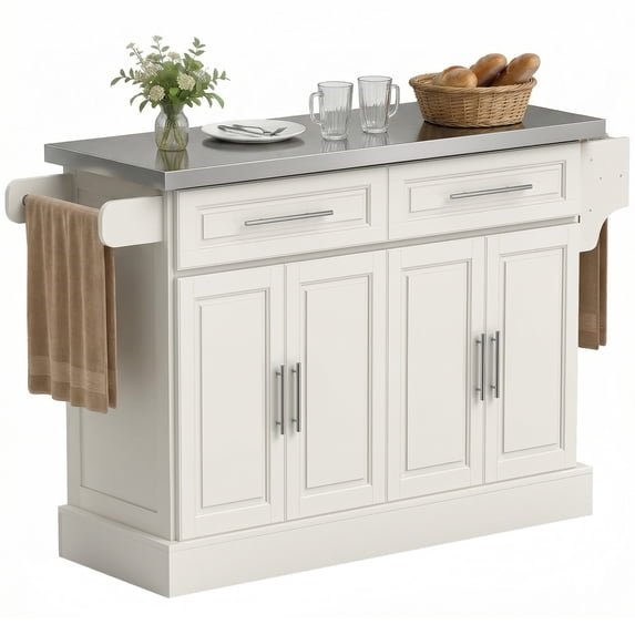 HOMCOM Rolling Kitchen Island with Cabinets and Drawers, Cream White