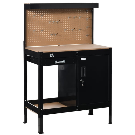HOMCOM Multipurpose Workbench Tool Table with Pegboard and 20 Hooks, Steel and MDF Workshop Station with Lockable Cabinet, Drawer and Open Shelf for Garage, 38.75"W x 55"H, Black