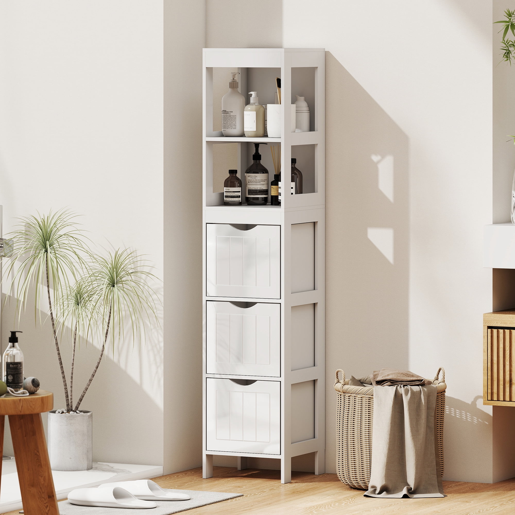 HOMCOM Narrow Bathroom Storage Cabinet, Bathroom Cabinet with 3 Drawers & 2 Open Shelves, Freestanding Slim Bathroom Floor Cabinet, White