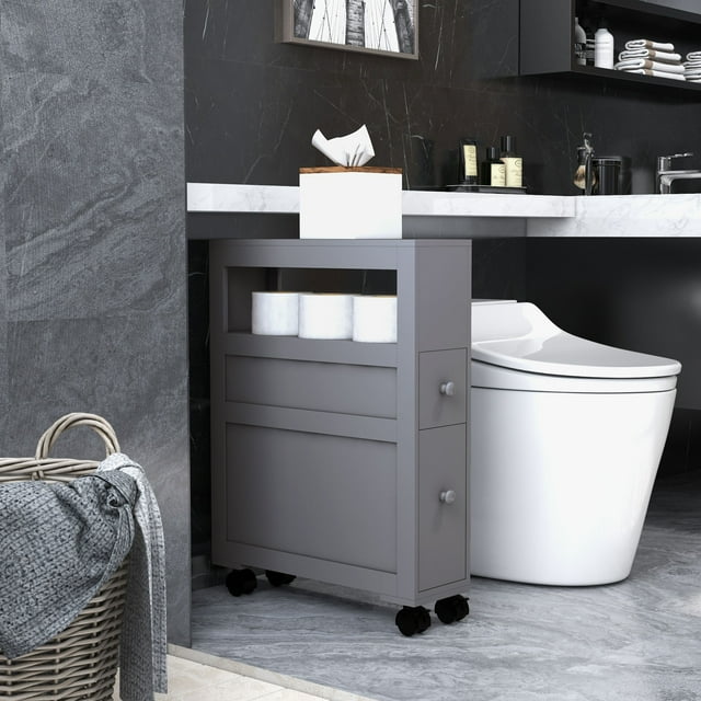 HOMCOM Narrow Bathroom Storage Cabinet with Rolling Wheels, Gray ...