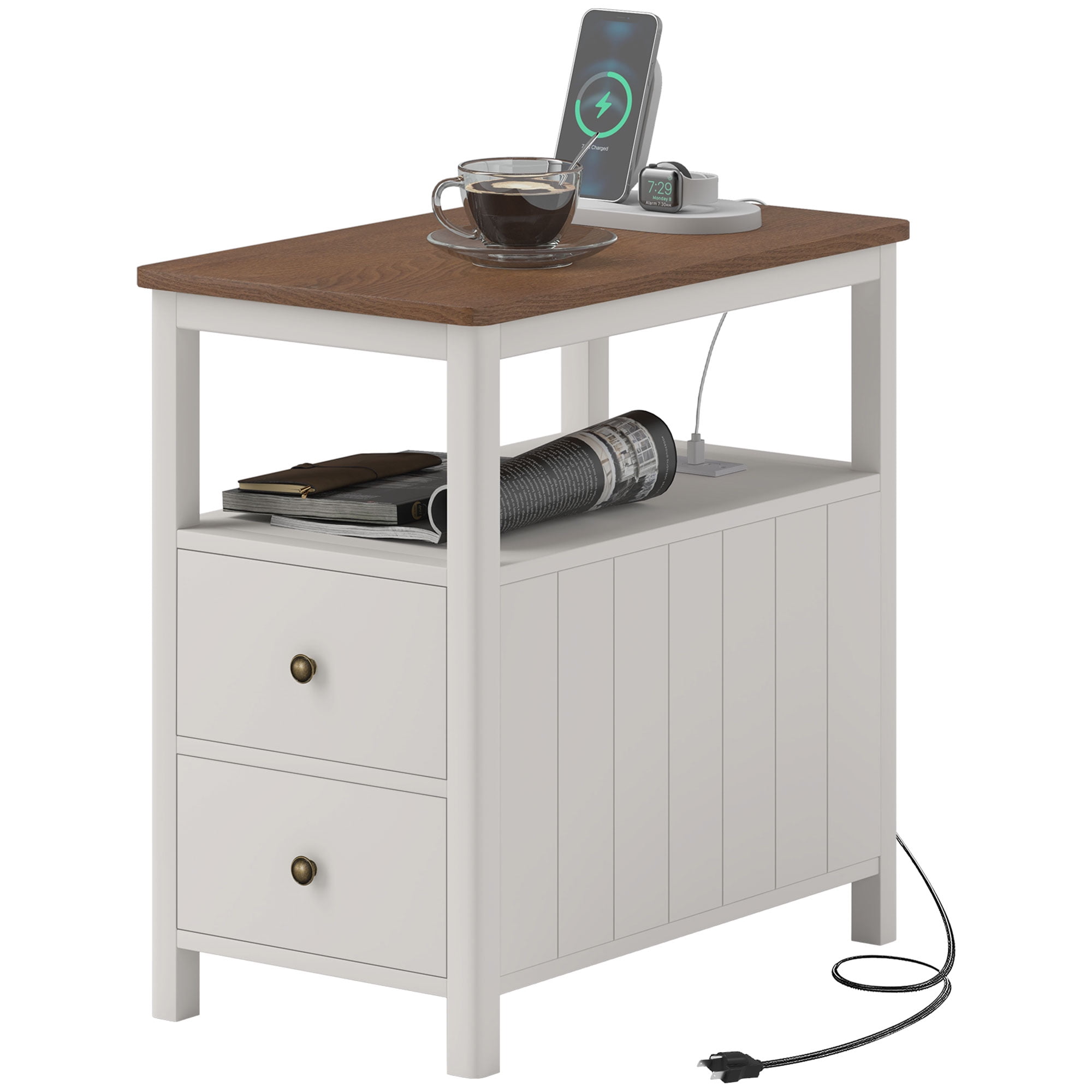 White and Brown Wood End Table with Charging Station and Storage