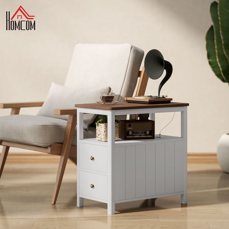 HOMCOM Narrow End Table with Charging Station and USB Ports for Living Room, Modern Side Table with Drawers, Shelf, White