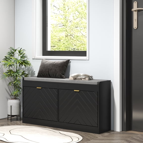 HOMCOM Narrow Shoe Bench, Slim Entryway Bench with 2 Flip Drawers, Removable Cushion and 2 Vents for 8 Pairs of Shoes, Black
